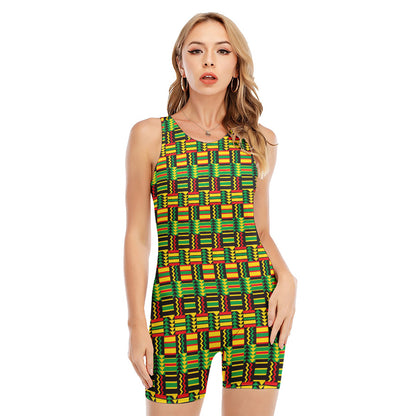 West African Kente Tribal Pattern Print Sleeveless One Piece Swimsuit