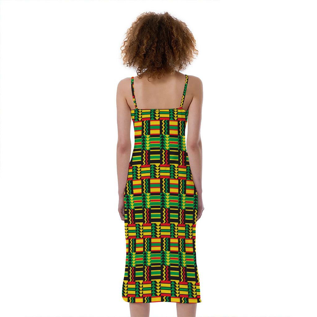 West African Kente Tribal Pattern Print Slim Fit Midi Cami Dress