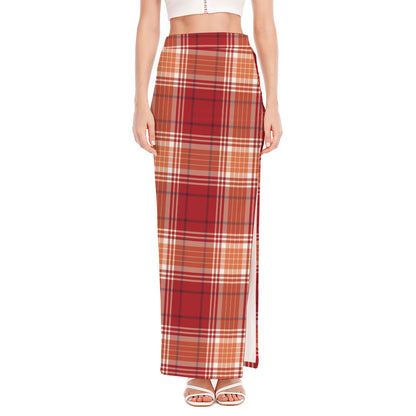 Western Tartan Pattern Print High Slit Maxi Skirt
