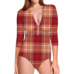 Western Tartan Pattern Print Long Sleeve Swimsuit