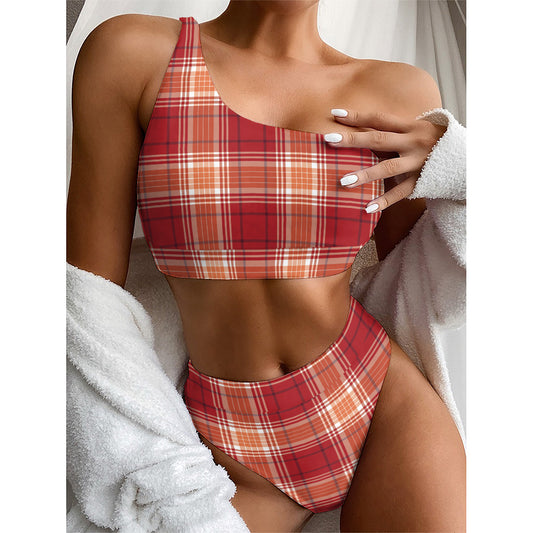 Western Tartan Pattern Print One Shoulder Bikini Top