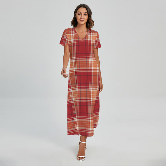 Western Tartan Pattern Print Short Sleeve Maxi Dress