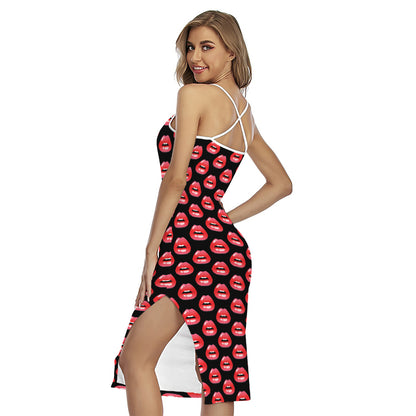 Wet Lips Pattern Print Cross Back Cami Dress