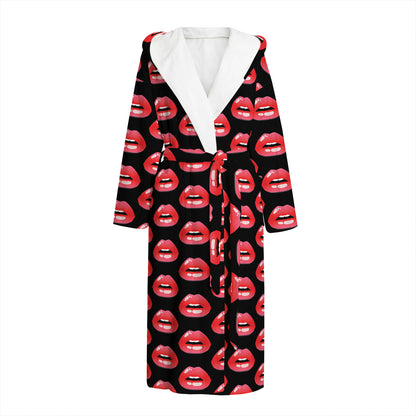 Wet Lips Pattern Print Hooded Bathrobe