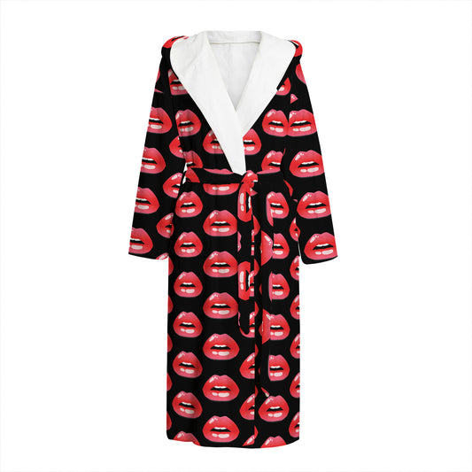 Wet Lips Pattern Print Hooded Bathrobe