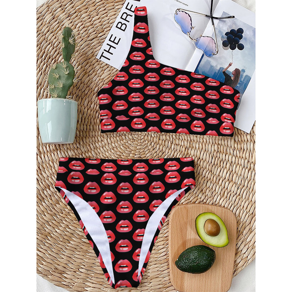 Wet Lips Pattern Print One Shoulder Bikini Top
