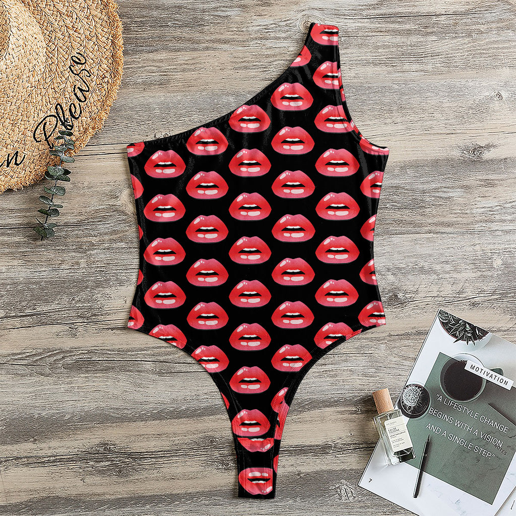Wet Lips Pattern Print One Shoulder Bodysuit