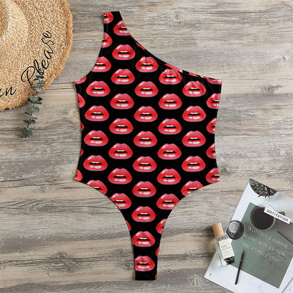 Wet Lips Pattern Print One Shoulder Bodysuit