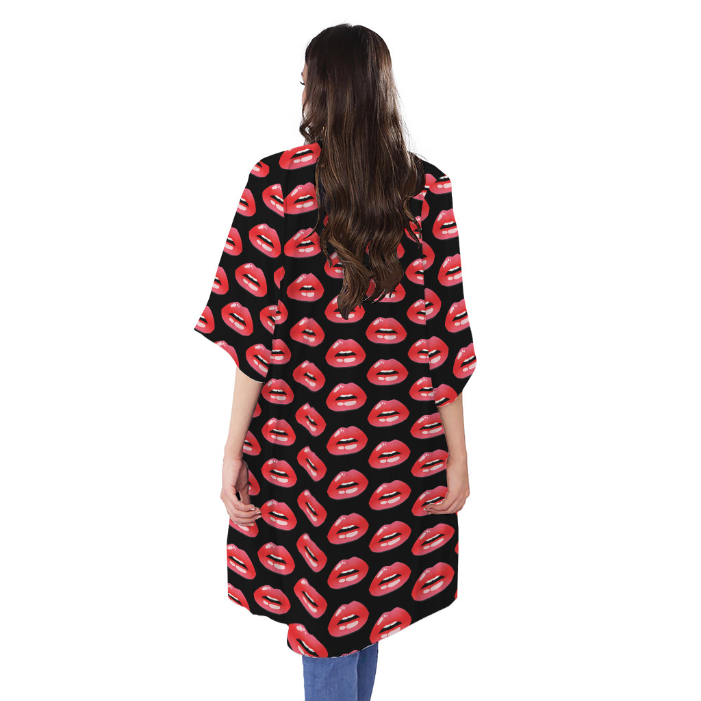 Wet Lips Pattern Print Open Front Beach Cover Up