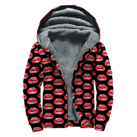 Wet Lips Pattern Print Sherpa Lined Zip Up Hoodie