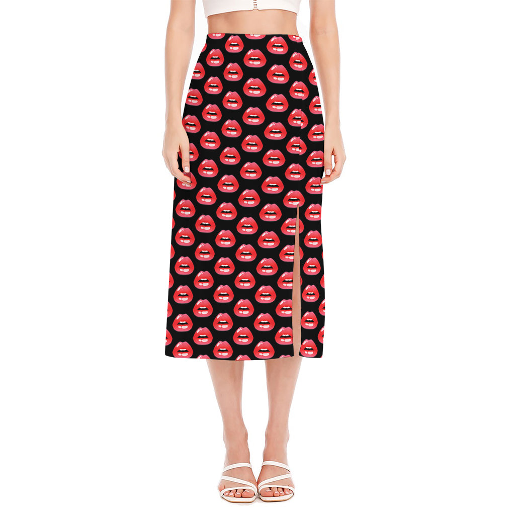 Wet Lips Pattern Print Side Slit Midi Skirt