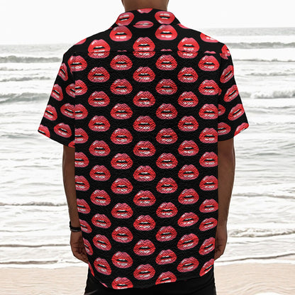 Wet Lips Pattern Print Textured Short Sleeve Shirt