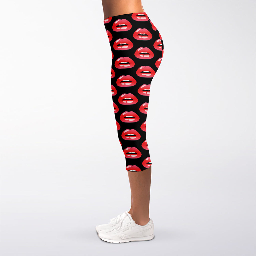 Wet Lips Pattern Print Women's Capri Leggings