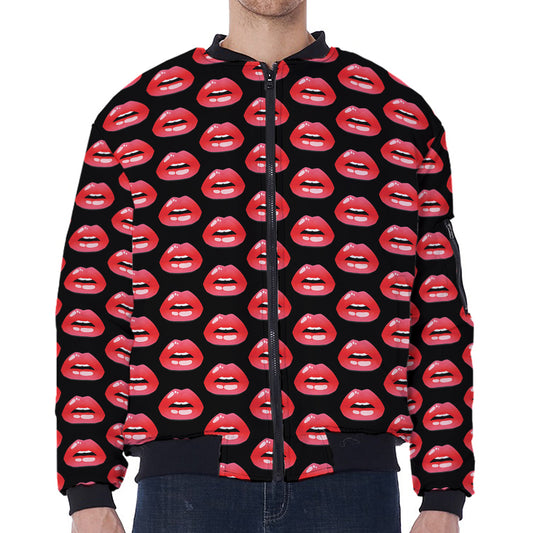 Wet Lips Pattern Print Zip Sleeve Bomber Jacket