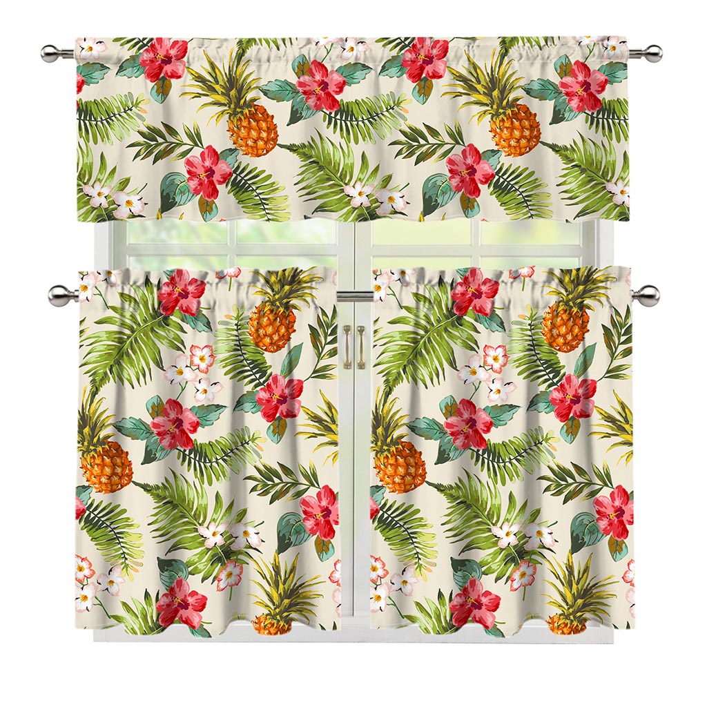 White Aloha Pineapple Pattern Print 3 Piece Kitchen Curtains