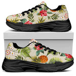 White Aloha Pineapple Pattern Print Black Chunky Shoes