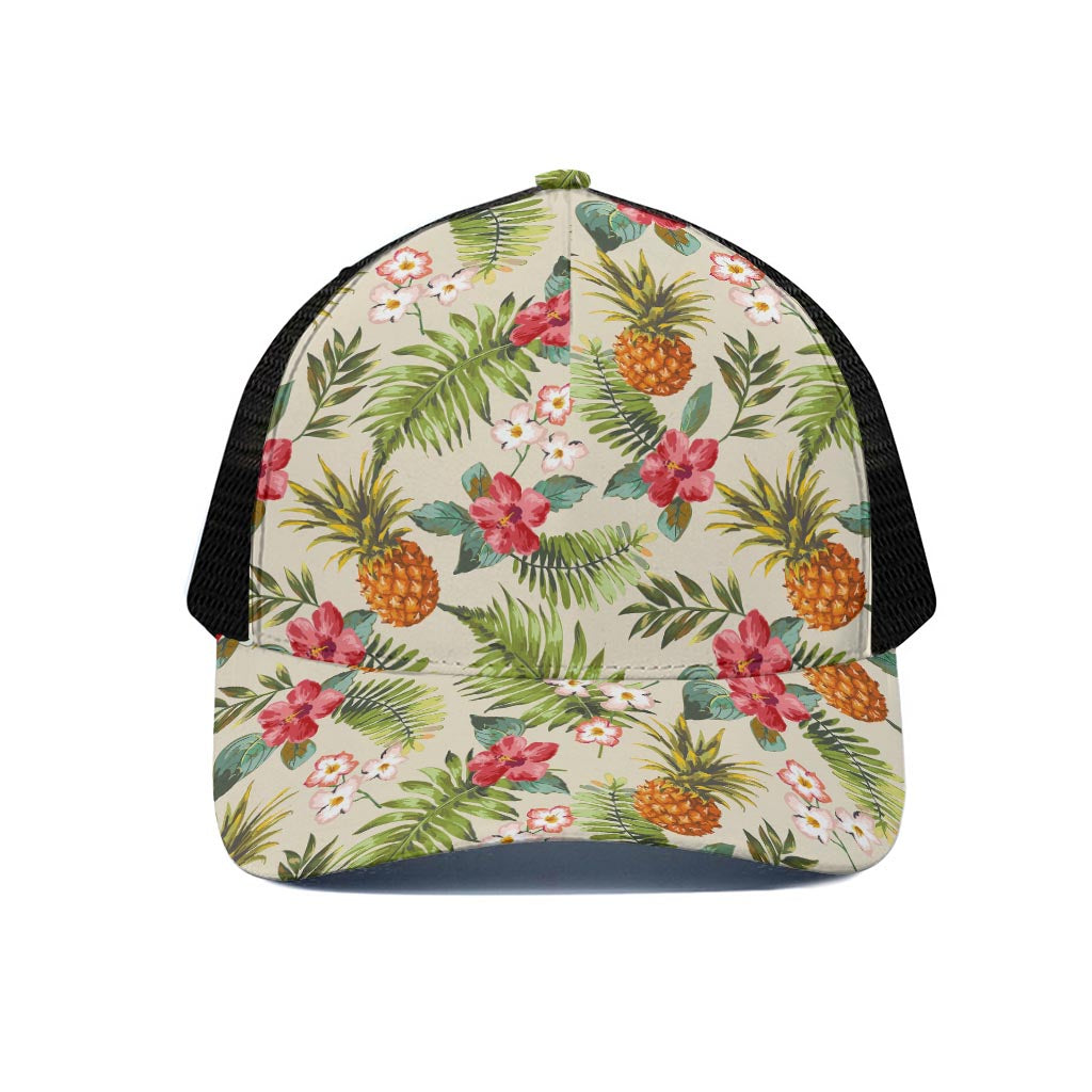 White Aloha Pineapple Pattern Print Black Mesh Trucker Cap