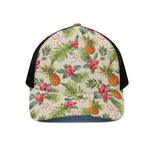White Aloha Pineapple Pattern Print Black Mesh Trucker Cap