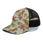 White Aloha Pineapple Pattern Print Black Mesh Trucker Cap