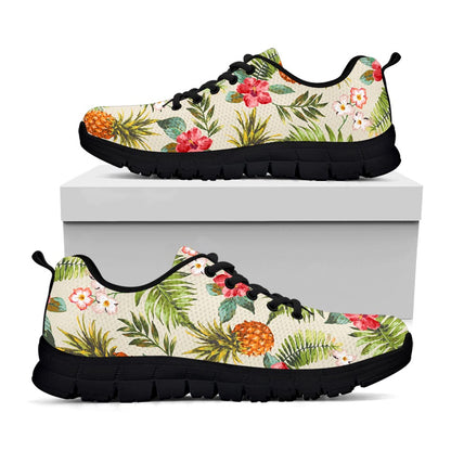 White Aloha Pineapple Pattern Print Black Running Shoes