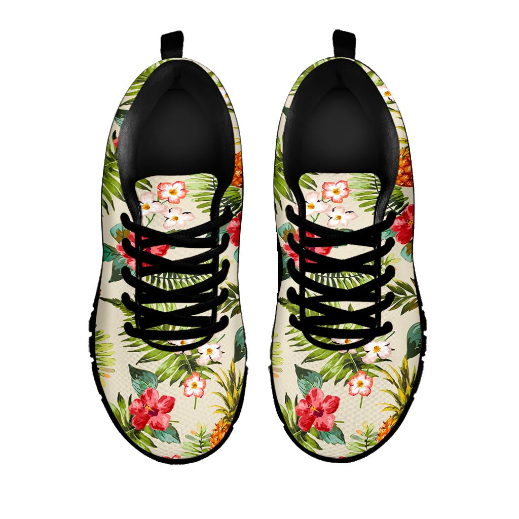 White Aloha Pineapple Pattern Print Black Running Shoes