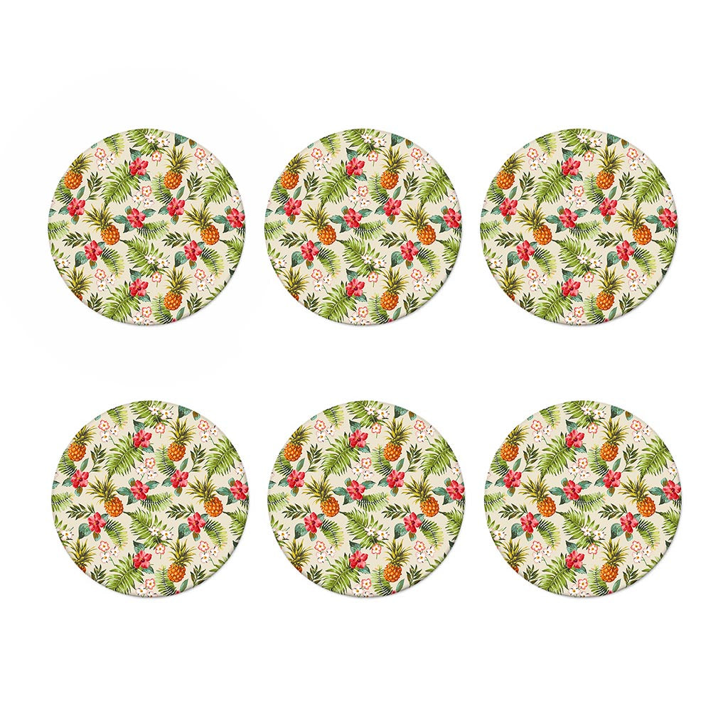 White Aloha Pineapple Pattern Print Coaster Set