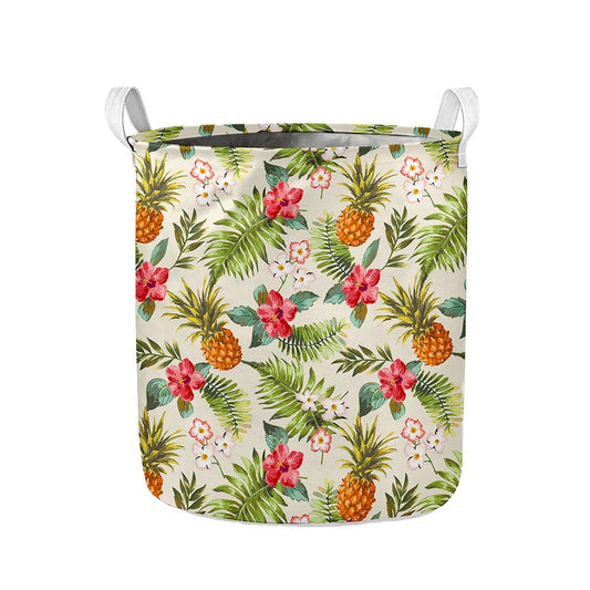 White Aloha Pineapple Pattern Print Collapsible Laundry Basket