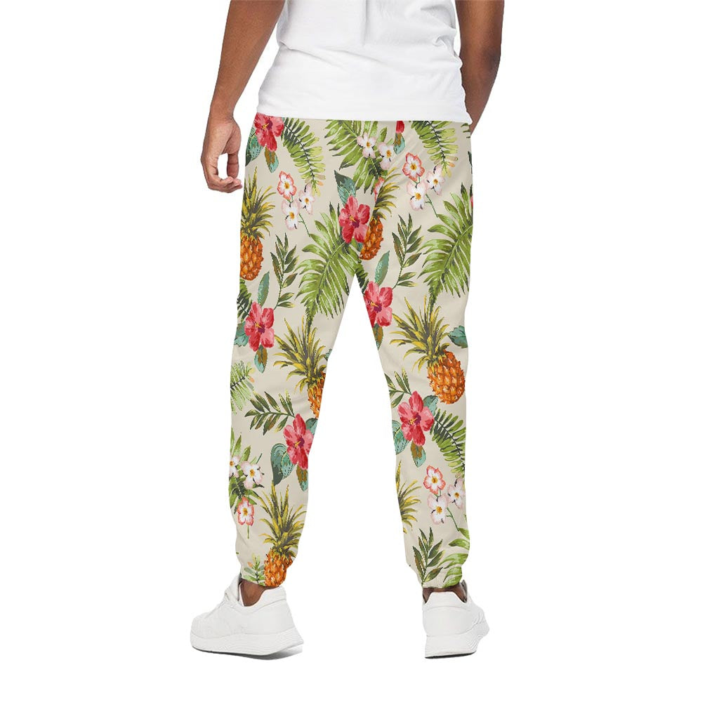 White Aloha Pineapple Pattern Print Cotton Pants