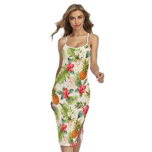 White Aloha Pineapple Pattern Print Cross Back Cami Dress