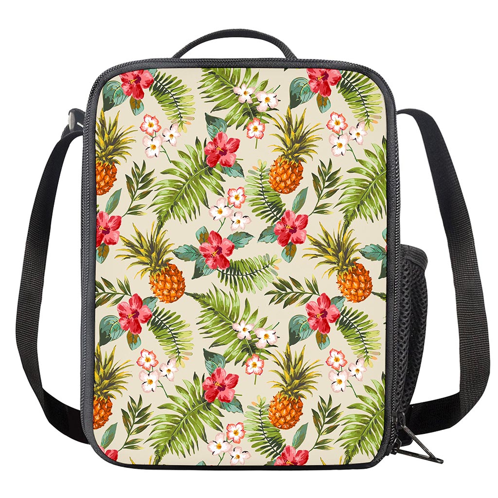 White Aloha Pineapple Pattern Print Crossbody Lunch Bag