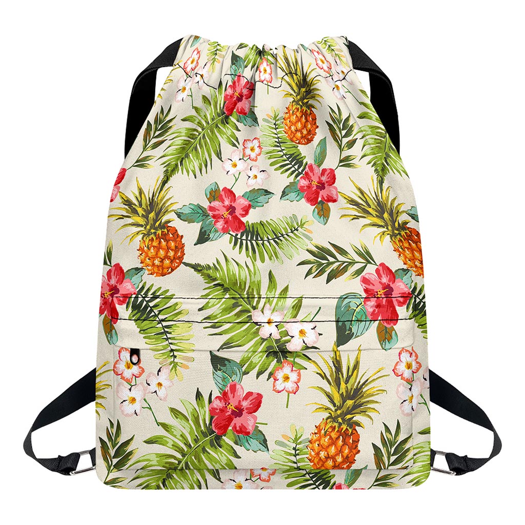 White Aloha Pineapple Pattern Print Drawstring Backpack