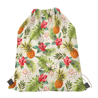 White Aloha Pineapple Pattern Print Drawstring Bag