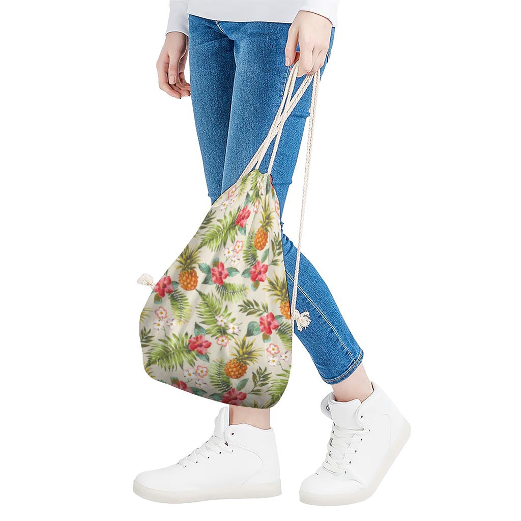 White Aloha Pineapple Pattern Print Drawstring Bag