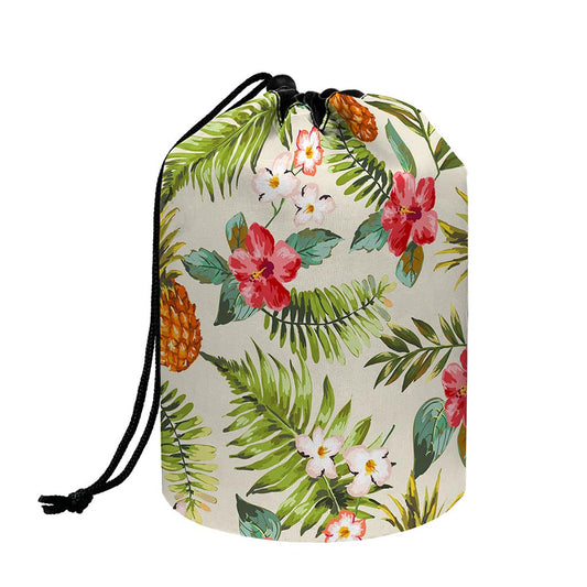 White Aloha Pineapple Pattern Print Drawstring Makeup Bag