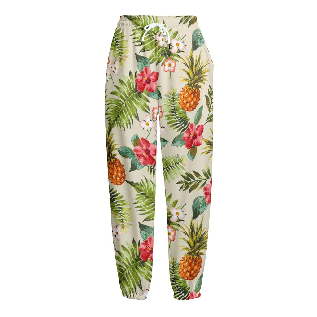 White Aloha Pineapple Pattern Print Fleece Lined Knit Pants