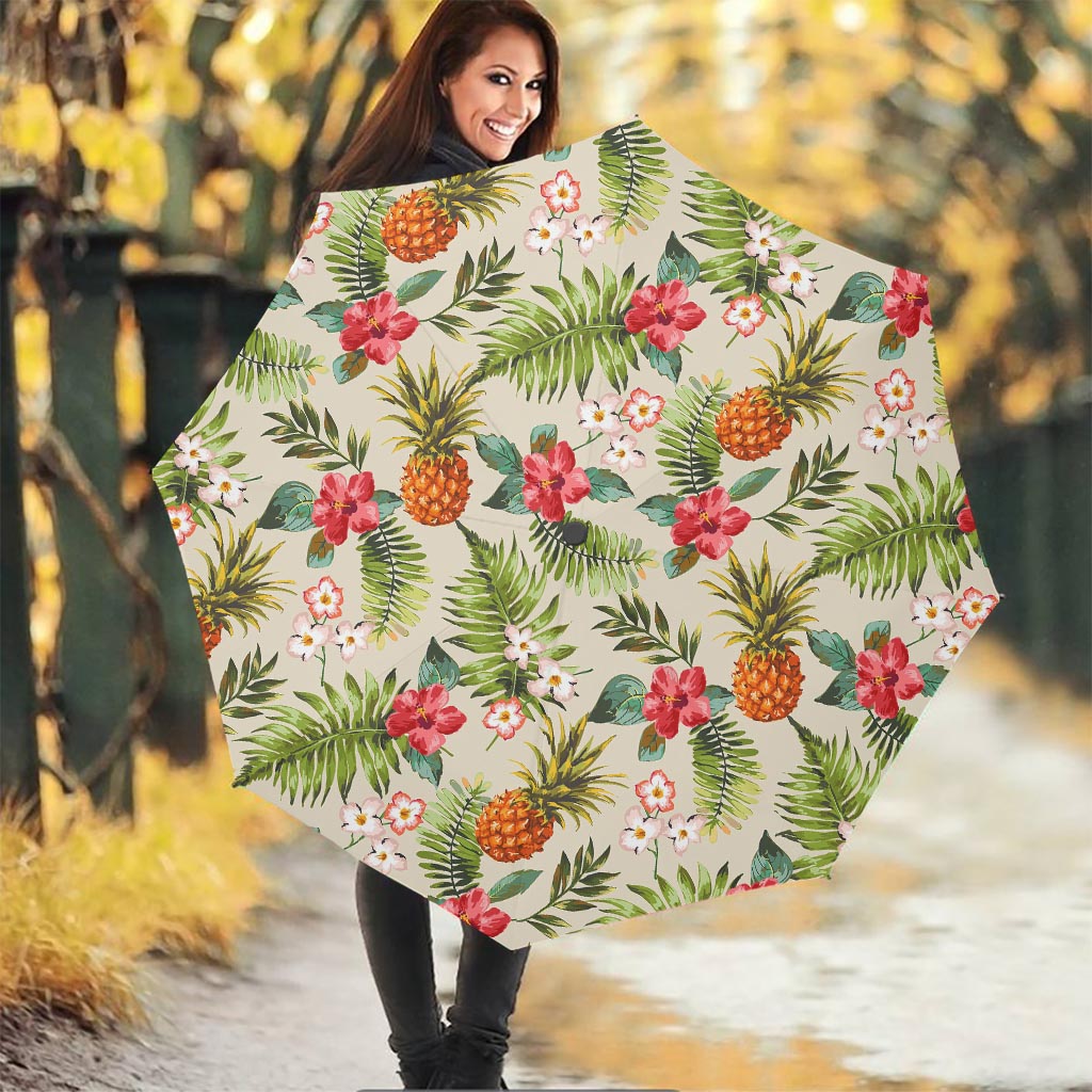 White Aloha Pineapple Pattern Print Foldable Umbrella