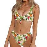 White Aloha Pineapple Pattern Print Front Bow Tie Bikini