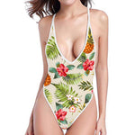 White Aloha Pineapple Pattern Print High Cut One Piece Swimsuit