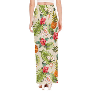 White Aloha Pineapple Pattern Print High Slit Maxi Skirt