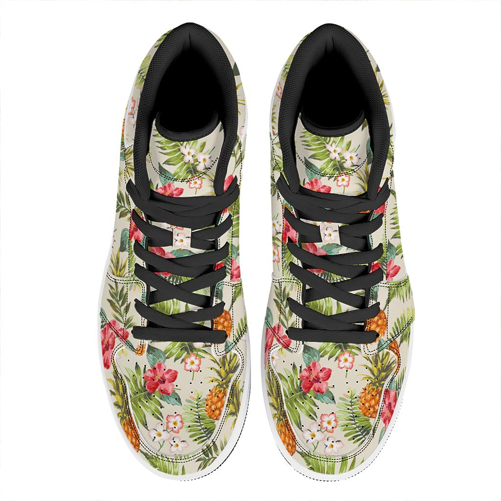 White Aloha Pineapple Pattern Print High Top Leather Sneakers