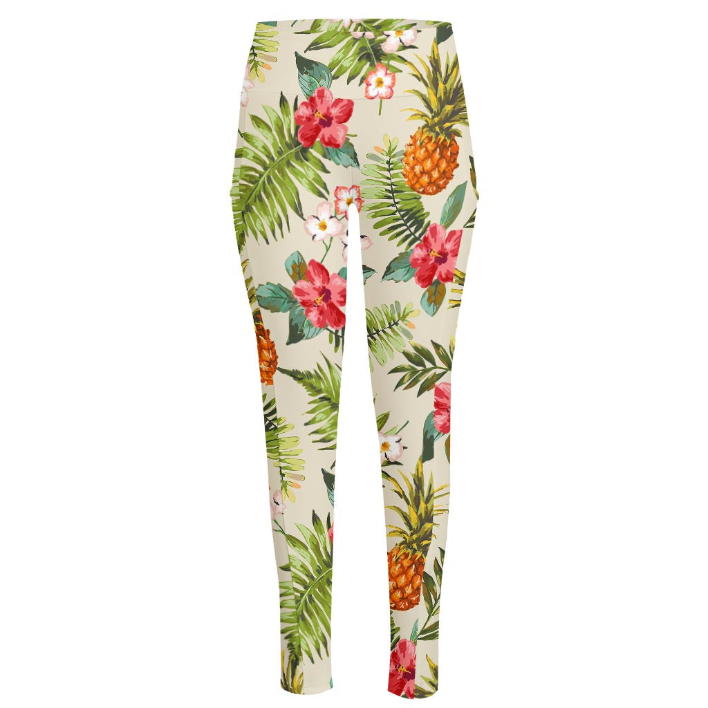 White Aloha Pineapple Pattern Print High-Waisted Pocket Leggings