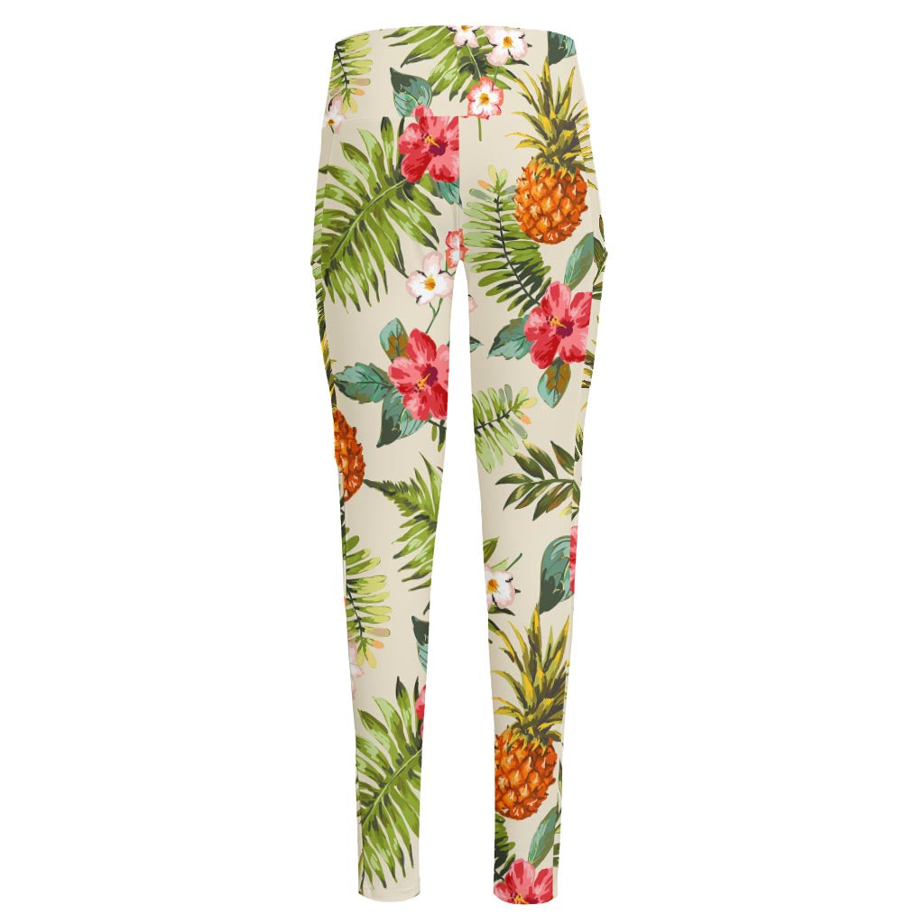 White Aloha Pineapple Pattern Print High-Waisted Pocket Leggings