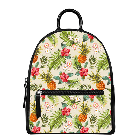 White Aloha Pineapple Pattern Print Leather Backpack