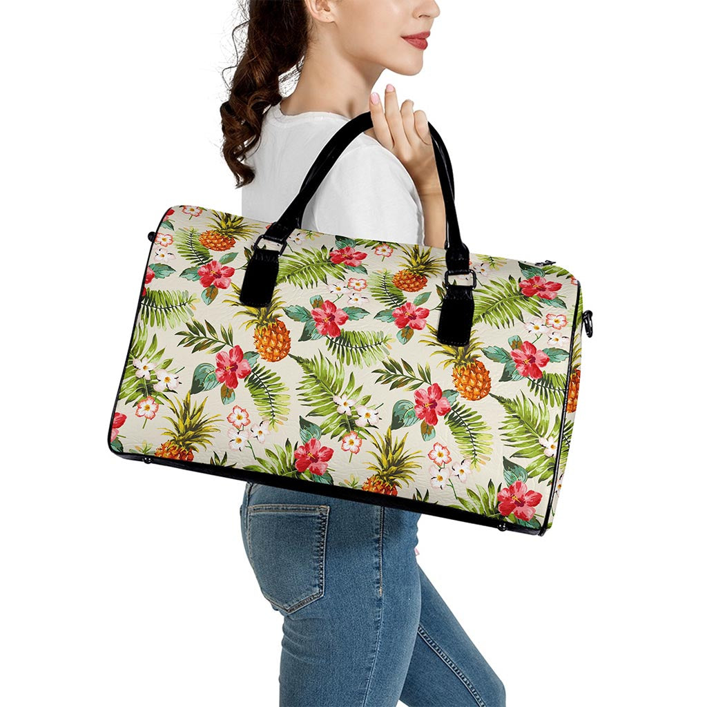 White Aloha Pineapple Pattern Print Leather Duffle Bag