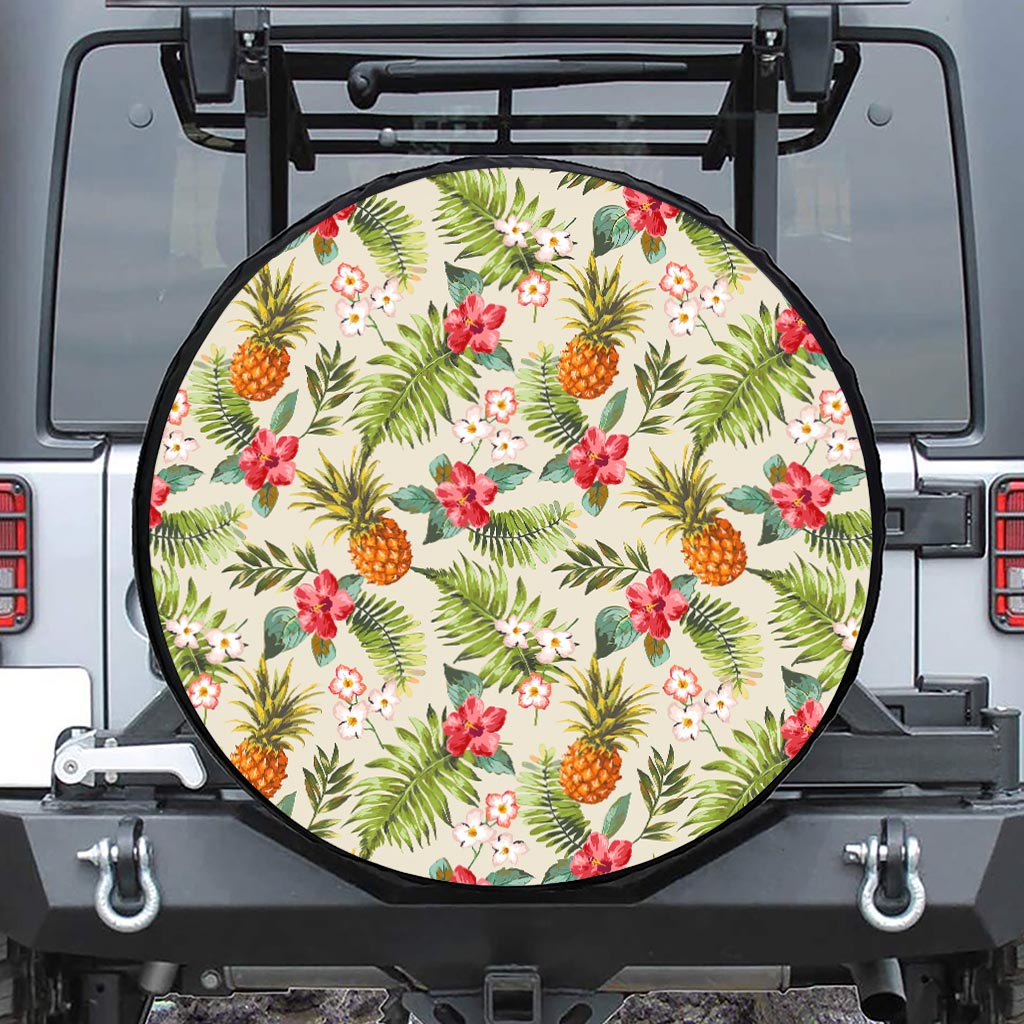 White Aloha Pineapple Pattern Print Leather Spare Tire Cover