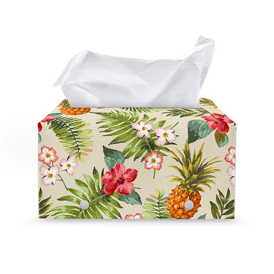 White Aloha Pineapple Pattern Print Leather Tissue Box Cover