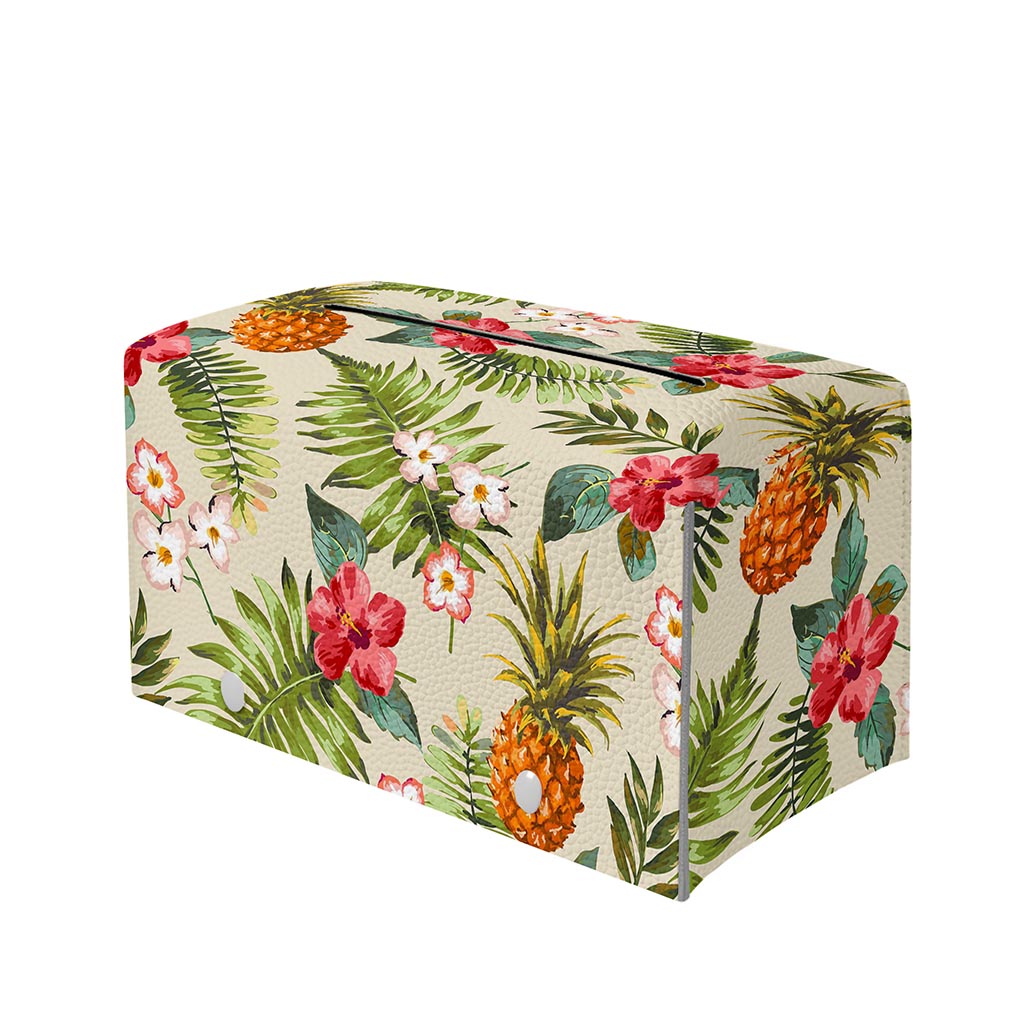 White Aloha Pineapple Pattern Print Leather Tissue Box Cover