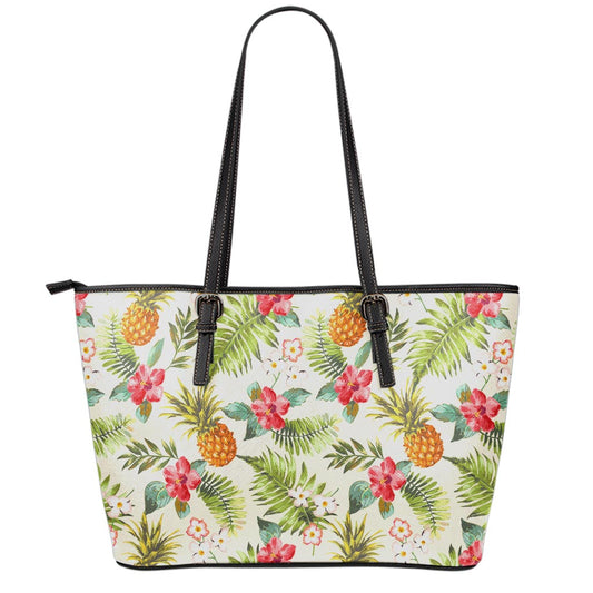 White Aloha Pineapple Pattern Print Leather Tote Bag