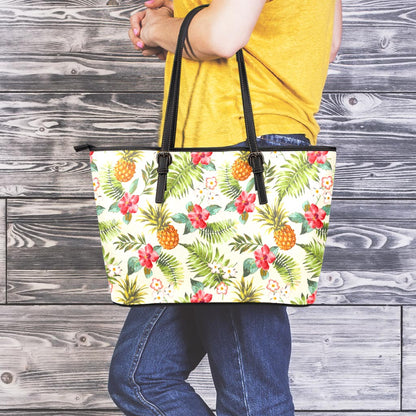 White Aloha Pineapple Pattern Print Leather Tote Bag