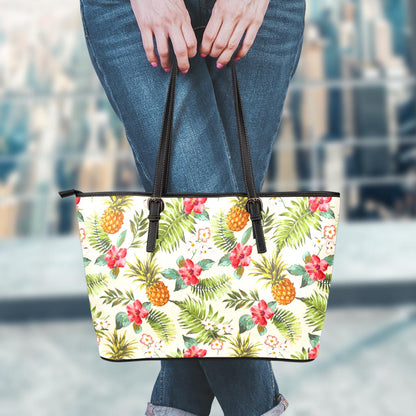 White Aloha Pineapple Pattern Print Leather Tote Bag